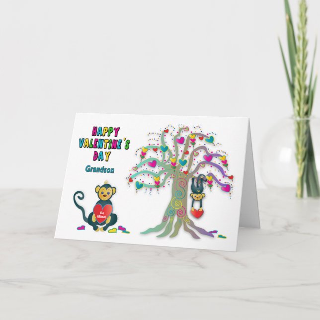 Valentine's Grandson Kids Monkey Heart Tree Card (Front)