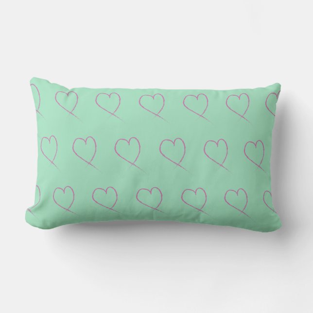 Valentines Heart Doodle Light Seafoam Green Pink Lumbar Cushion (Front)