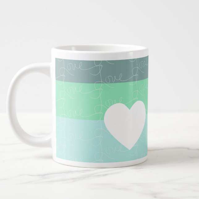 Valentines Heart Hand-Drawn Love Blue Green Large Coffee Mug (Left)