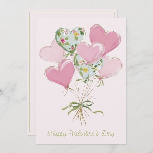 Valentine's Heart Pink and Green Heart Balloons Card (Front/Back)