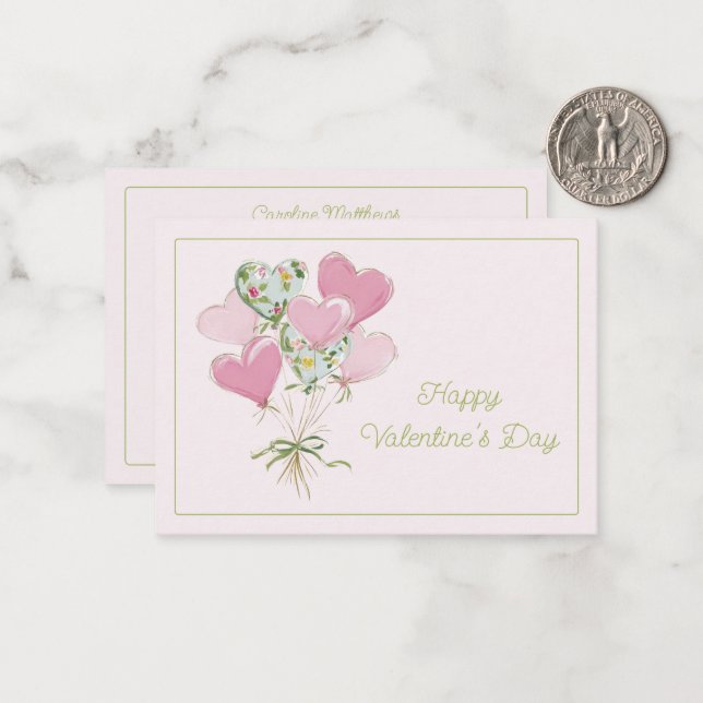 Valentine's Heart Pink and Green Heart Balloons Card (Front/Back In Situ)