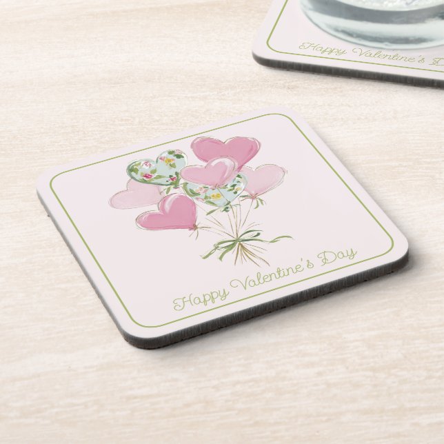 Valentine's Heart Pink and Green Heart Balloons Coaster (Left Side)