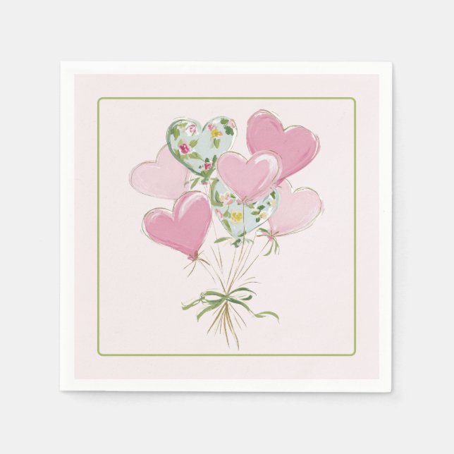 Valentine's Heart Pink and Green Heart Balloons Napkin (Front)
