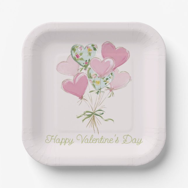 Valentine's Heart Pink and Green Heart Balloons Paper Plate (Front)