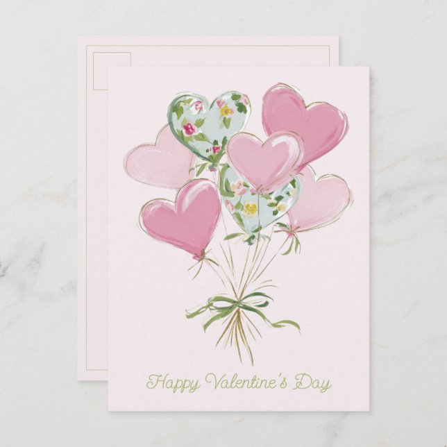 Valentine's Heart Pink and Green Heart Balloons Postcard (Front/Back)