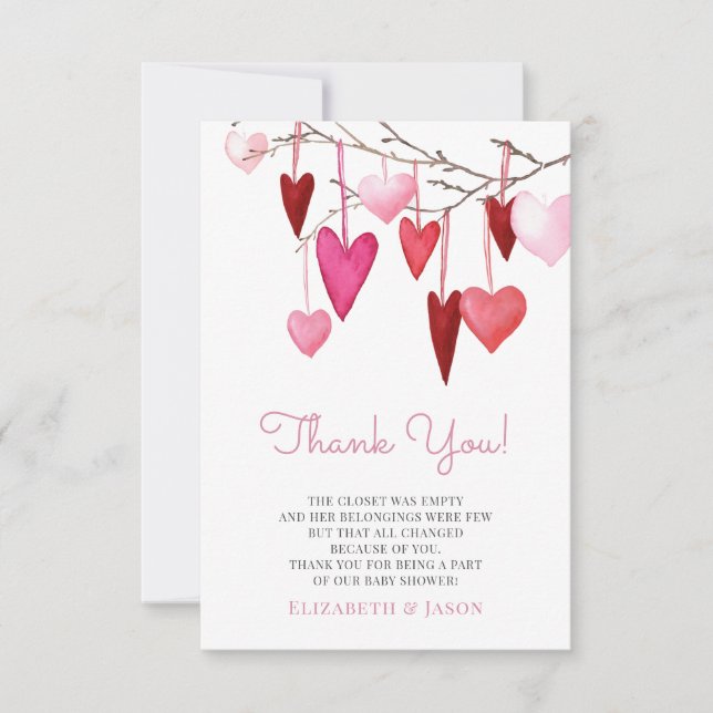 Valentine's Heart Pink Girl Baby Shower Thank You Card (Front)
