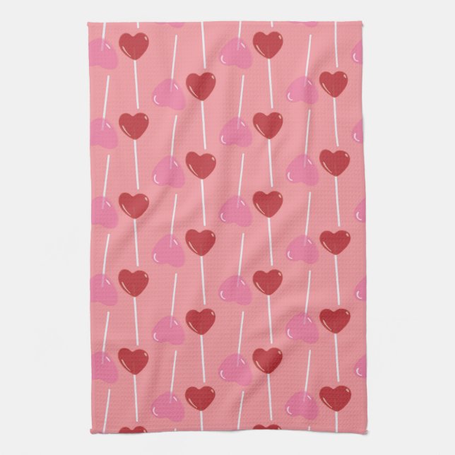 Valentines Heart Sucker Candy Pink Kitchen Towel (Vertical)