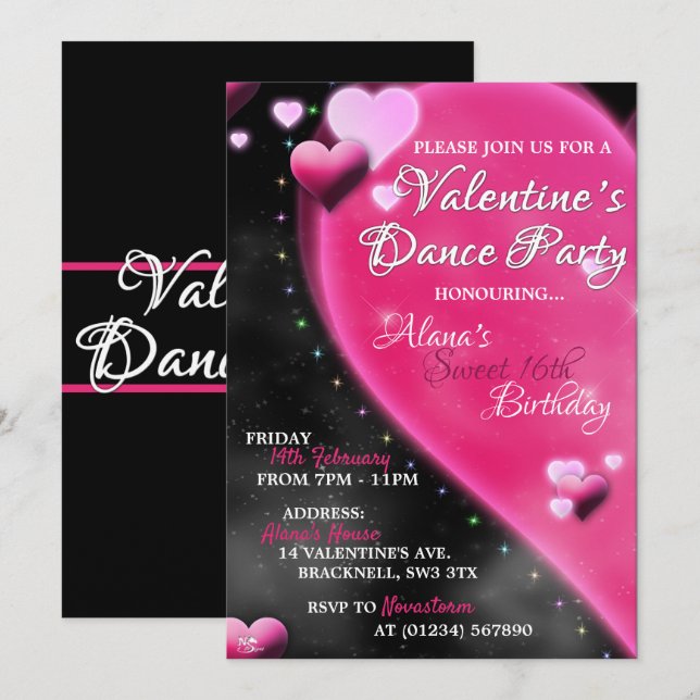 Valentine's Heart Sweet 16 Dance Party Invitations (Front/Back)