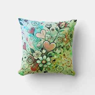 Valentines Hearts / Daisy Splatter Art / Greenleaf Cushion
