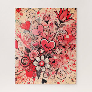 Valentines Hearts / Daisy / Splatter Art / Sangria Jigsaw Puzzle