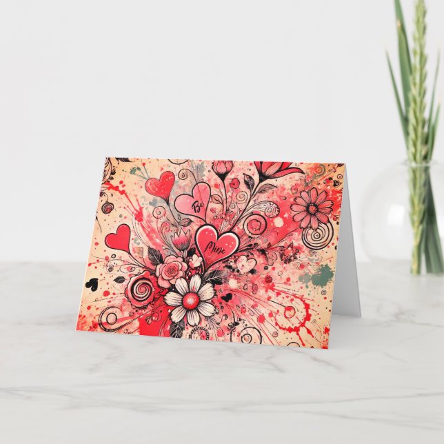 Valentines Hearts / Daisy / Splatter Art / Sangria Note Card (Front)