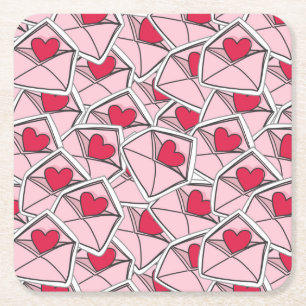 Valentine's Hearts on Envelopes Square Paper Coaster