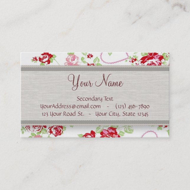 Valentines - Hearts, Roses and Stripes w Monogram Business Card (Front)