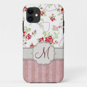 Valentines - Hearts, Roses and Stripes w Monogram iPhone 11 Case