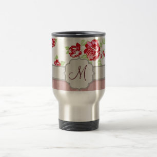 Valentines - Hearts, Roses and Stripes w Monogram Travel Mug