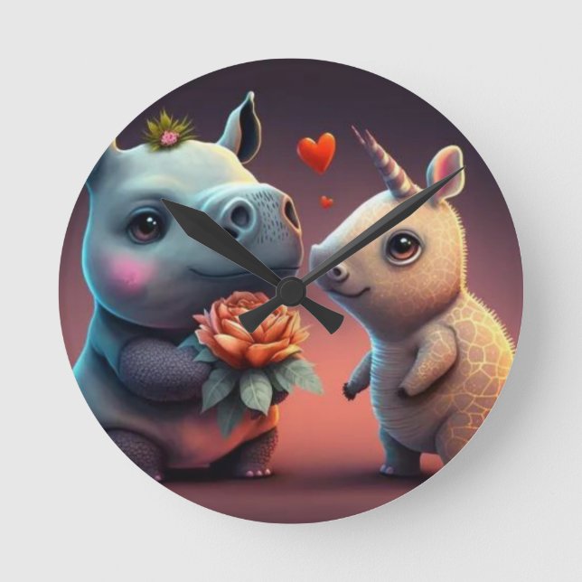 Valentine's hippo cartoon custom     round clock (Front)