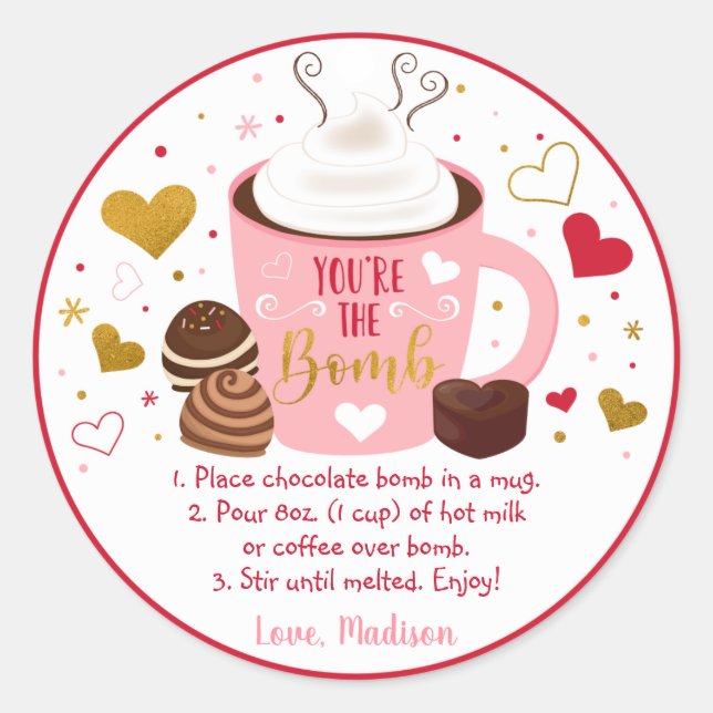 Valentine's Hot Chocolate Bomb Pink Gold Heart Classic Round Sticker (Front)