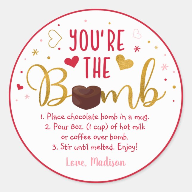 Valentine's Hot Chocolate Bomb Pink Gold Heart Classic Round Sticker (Front)