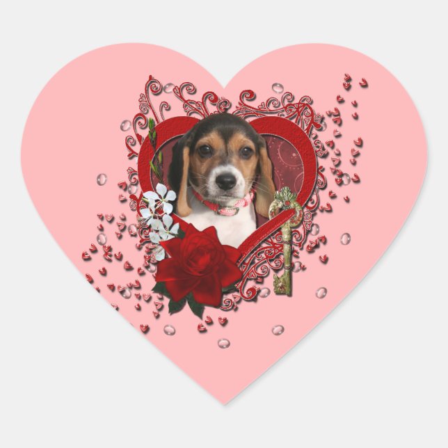 Valentines - Key to My Heart - Beagle Puppy Sticker (Front)