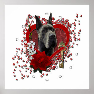 Valentines - Key to My Heart - Great Dane - Grey Poster