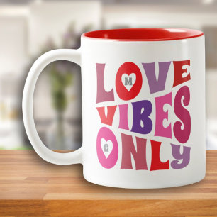 Valentines Love Vibes Only Red Pink Monogram Retro Two-Tone Coffee Mug