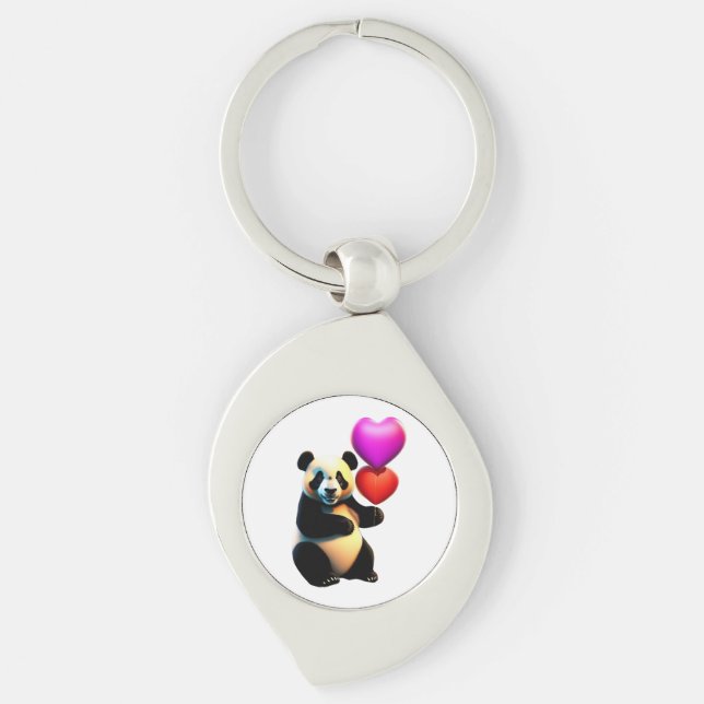 Valentine's Panda & Heart Balloon, Valentine's Day Key Ring (Front)