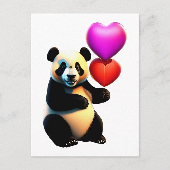 Valentine's Panda & Heart Balloon, Valentine's Day Postcard (Front)