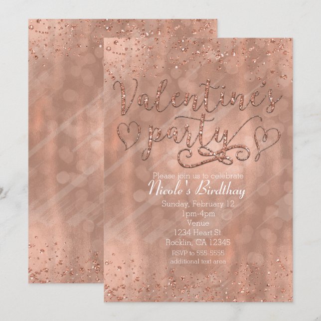 Valentine's Party Pink Rose Gold Glam Invitations (Front/Back)
