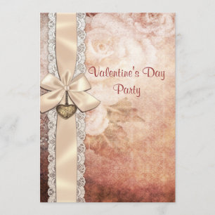 Valentine's Party Vintage Damask Roses & Bow Invitation