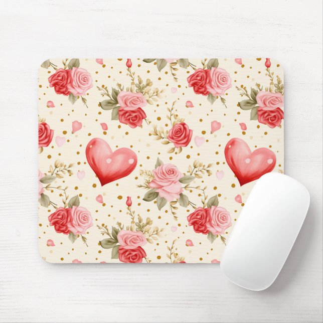 Valentine's Pink and Red Roses and Hearts  Mouse Mat (With Mouse)