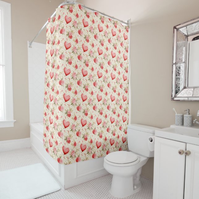 Valentine's Pink and Red Roses and Hearts  Shower Curtain (In Situ)