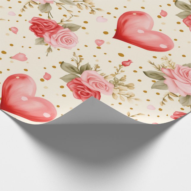Valentine's Pink and Red Roses and Hearts  Wrapping Paper (Corner)