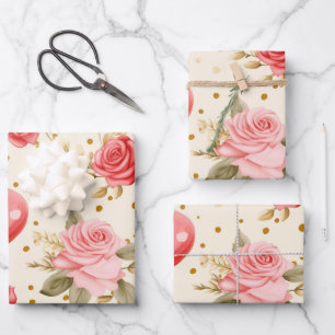 Valentine's Pink and Red Roses and Hearts  Wrapping Paper Sheet