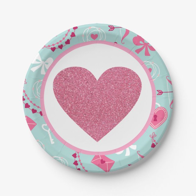 Valentines Pink Blue Glitter Heart Paper Plate (Front)