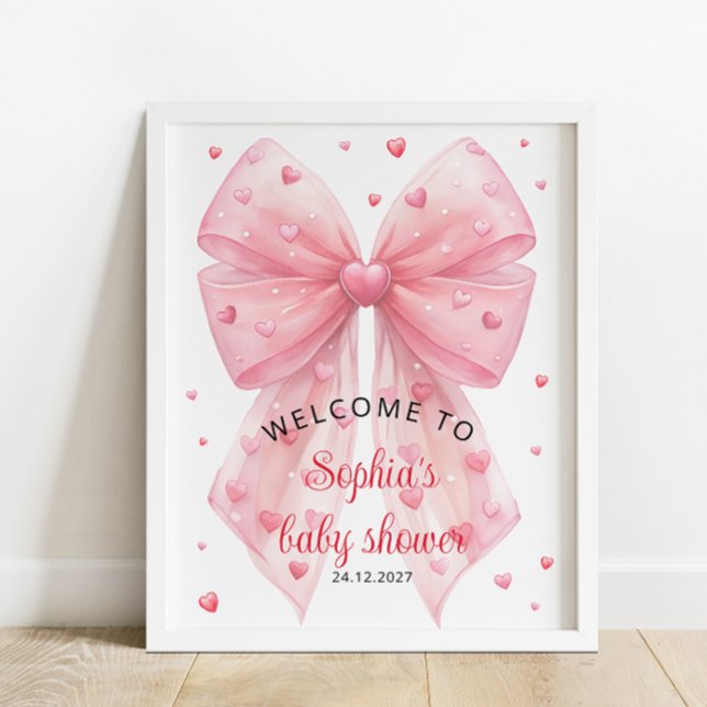 Valentines Pink Bow Hearts Baby Shower Welcome Poster (Creator Uploaded)