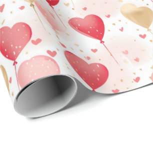 Valentine's Pink Red and Gold Heart Balloons  Wrapping Paper