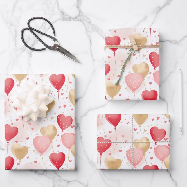 Valentine's Pink Red and Gold Heart Balloons  Wrapping Paper Sheet (Front)