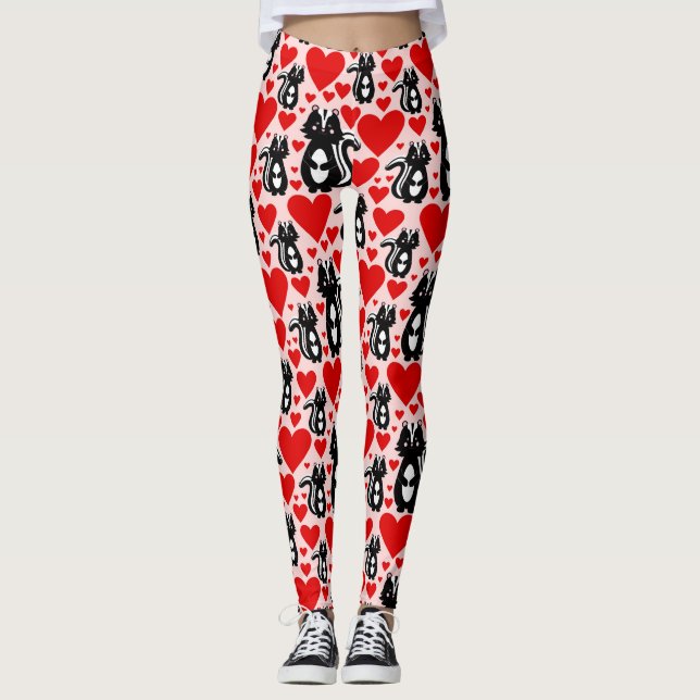 Valentine's Pink Skunk Heart Illustration Pattern Leggings (Front)