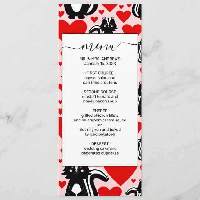 Valentine's Pink Skunk Heart Illustration Pattern Menu (Front)