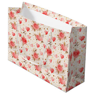 Valentine's Pink Watercolor Roses and Hearts Large Gift Bag