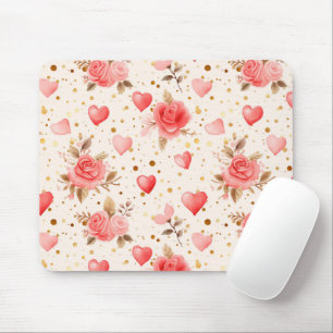 Valentine's Pink Watercolor Roses and Hearts Mouse Mat