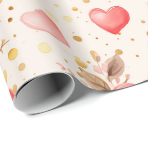 Valentine's Pink Watercolor Roses and Hearts  Wrapping Paper