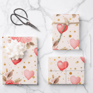 Valentine's Pink Watercolor Roses and Hearts  Wrapping Paper Sheet