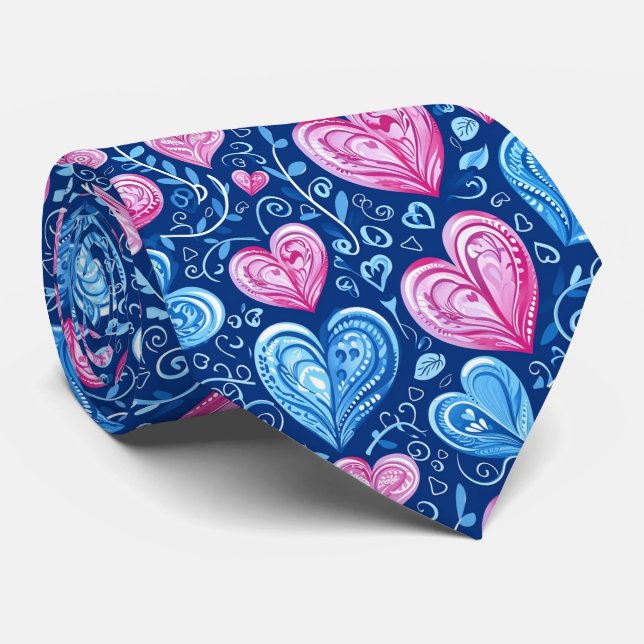 Valentine's Pretty Blue and Pink Hearts Tie (Rolled)