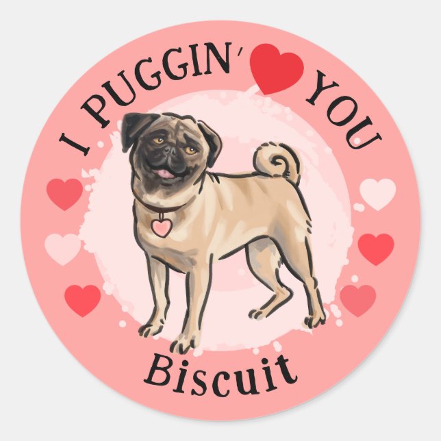 Valentines Pug love pink hearts sticker set (Front)