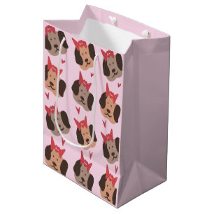 Valentines Puppies with Bows Heart Pattern   Medium Gift Bag