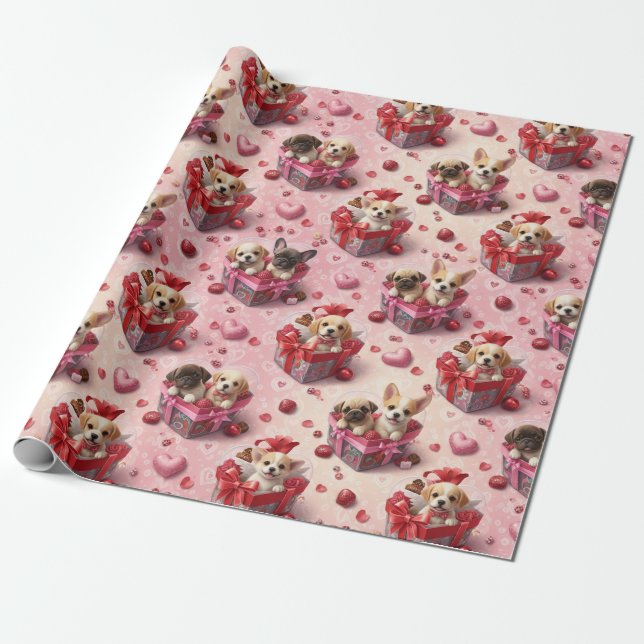 Valentine's Puppies Wrapping Paper (Unrolled)