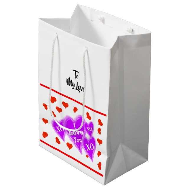 Valentine's Purple Hearts Red Hearts I Love You Medium Gift Bag (Front Angled)