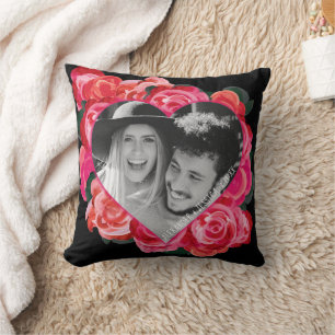 Valentine's Red Black Rose Heart Photo Pillow