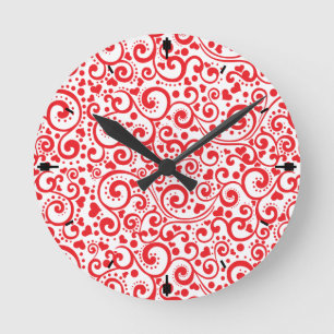 Valentines - Red Hearts & Swirls Seamless Round Clock